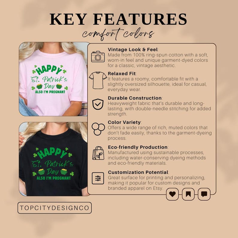 The image is a collage of two images featuring a woman wearing a pink t-shirt with a design related to St. Patrick's Day, and a black t-shirt with a design related to a vintage look and feel.