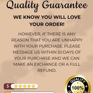The image is a promotional image for a company called TopCityDesignCo, which offers a quality guarantee for their products. The image features a message that states the company knows you will love your order, but if there is any reason that you are unhappy with your purchase, they will make an exchange or a full refund within 30 days. The image also includes a 5-star rating and a 100% guarantee guarantee.