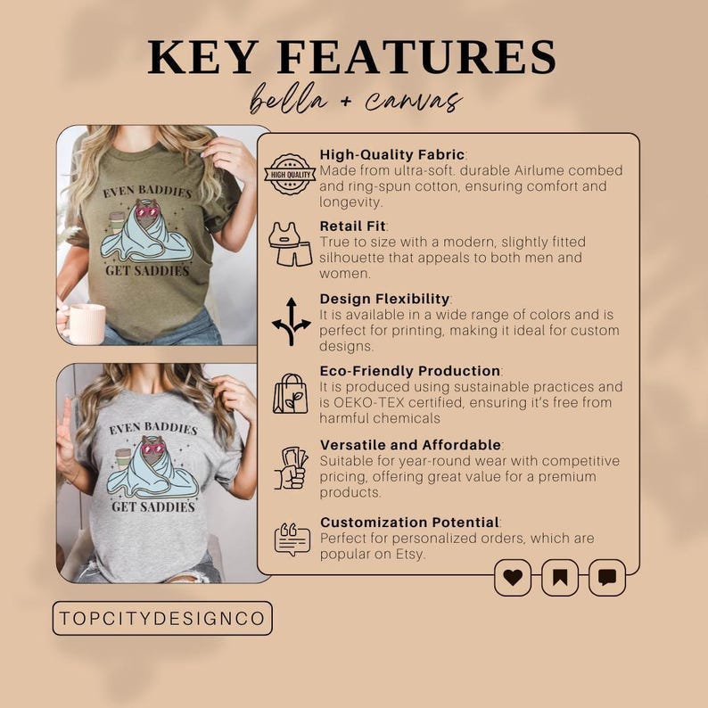 a woman wearing a t - shirt that says key features