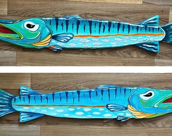 Barracuda fine art Original painting cutout/carved made out of Solid wood