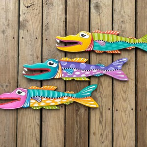Psychedelic Barracuda Wood Art: Funky Hand-Painted Fish Sculpture