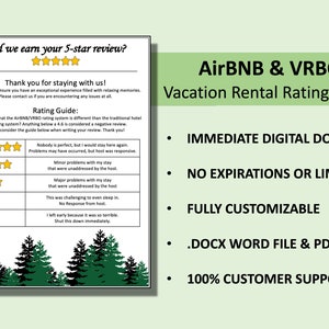 AirBNB VRBO 5 Star Rating Explanation | Vacation rental Rating Guide | Word Document & PDF Template