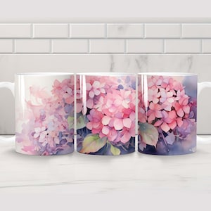 Watercolor Hydrangea floral mug wrap coffee mug sublimation wrap  template png 11 oz & 15 oz mug wrap sublimation design