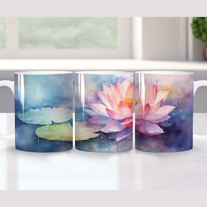 Watercolor Lotus floral mug wrap coffee mug sublimation wrap  template png 11 oz & 15 oz mug wrap sublimation design
