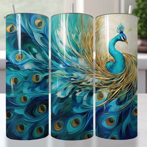 Blue and teal Peacock with gold skinny tumbler wrap png 20 oz tumbler sublimation design Peacock png gift for her animal lover