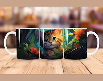 Cute cat mug wrap coffee mug sublimation wrap template png 11 oz & 15 oz mug wrap sublimation design cat coffee mug nature