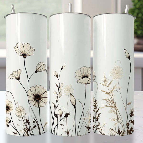 Minimalist wildflowers tumbler wrap 20 oz skinny tumbler sublimation design floral tumbler wrap png design