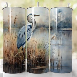 Great Blue Heron watercolor 20 oz tumbler sublimation design tumbler wrap png