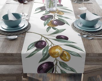 Olive Branch Pattern Table Runner, Black Green Olive Decor Cotton Poly Table Runner