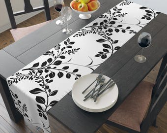 Black Vine Leaf Pattern Table Runner, Botanical Table Linen, Simple Black and White