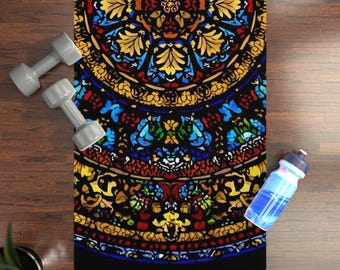 Stained Glass Persian Rubber Yoga Mat, Mosaic Floral Pattern, Lightweight Pilates Pad, Foldable Exercise Non-slip Workout Mat