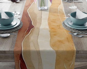 Neutral Earth Tone Abstract Stripes Table Runner, Bedroom Decor, Cotton Poly Fabric