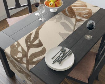 Neutral Monstera Leaf Table Runner | Botanical Linen-Style Cotton Poly
