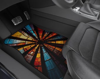 Stained Glass Cathedral Car Mats Set of 4, Colorful Auto Decor Accessories, Faithful Car Gifts