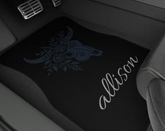 Custom Name Flower Bull Skull Car Mats: Western Boho Auto Decor