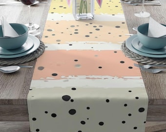 Pastel Stripes with Black Confetti Table Runner, Birthday Parties Cotton Poly Table Decor