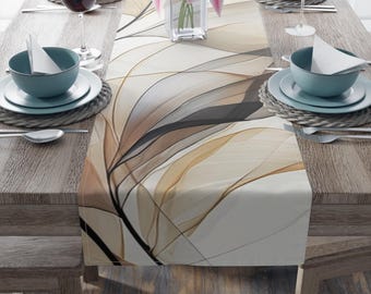 Abstract Leaves Table Runner, Neutral Cotton Poly Design, Home Dining Decor Linens, Nature Inspired Kitchen Accessories, Botanical Print