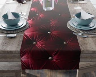 Tufted Velvet Pattern Table Runner, Retro Burgundy Button-Tufted Design, Faux Vintage Vinyl Look