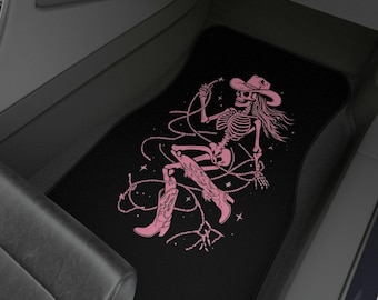 Pink Halloween Skeleton Cowgirl Car Mats: Western Auto Accessories (Set of 2)