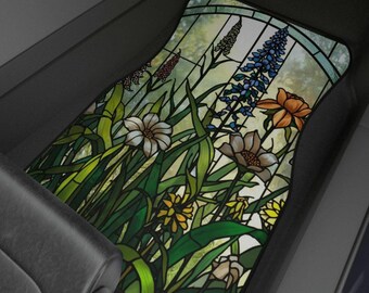 Stained Glass Wildflower Panel Car Mats, 2 Front Seat Decorative Car Mats