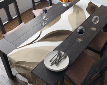 Neutral Watercolor Leaves Table Runner, Abstract Neutral Nature Cotton Poly Room Decor