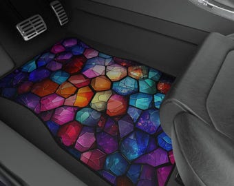 Stained Glass Rock Gemstone Car Mats set of 4, Decorative Automotive Floor Liners, Colorful Geometric Pattern Gifts