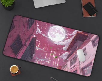 Moonlit Anime Nighttime Urban Scene Desk Mat, Tranquil Cityscape Mouse Pad, Pink Rural Desk Accessories, Cloudy Sky
