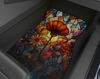 Stained Glass Poppy Floral Car Mats, Set Of 4 Warm Flower Car Decor
