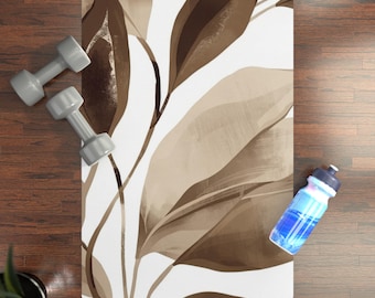 Sepia Watercolor Leaves Rubber Yoga Mat, Botanical Minimalist Non-Slip