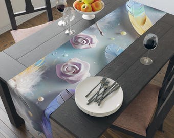 Feather and Rose Pattern Table Runner, Pastel Feathers, Pearls Cotton Poly