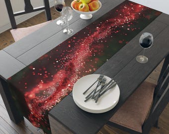 Magical Glowing Spores Dark Forest Table Runner, Mythical Floating Orbs Table Mat