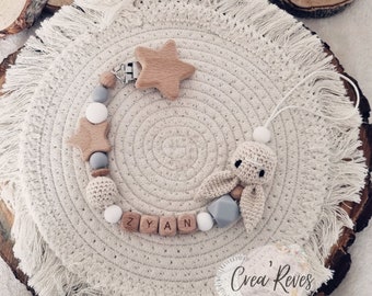 Wooden pacifier clip and crocheted rabbit