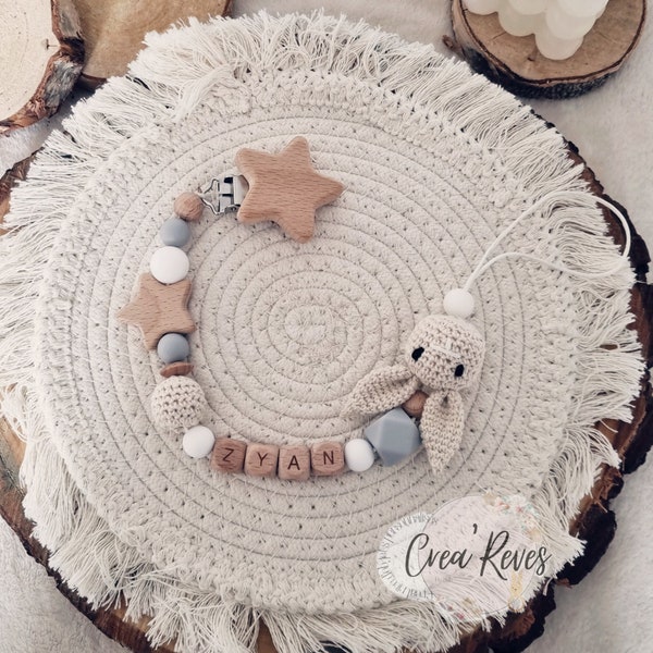 Wooden pacifier clip and crocheted rabbit