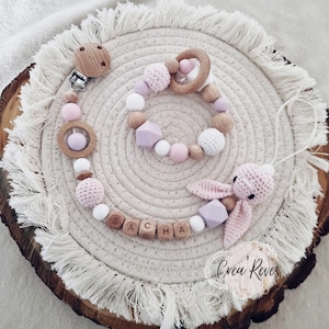 Wooden and crochet rabbit pacifier clip