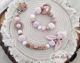 Wooden and crochet rabbit pacifier clip