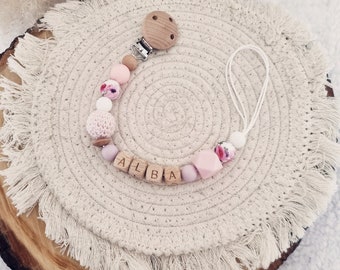 Wood and flower bead pacifier clip