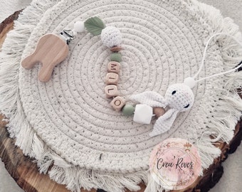 Attache tétine bois et lapin crochet