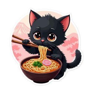 Cute Black Cat Eating Ramen - Japanese Food Raman Noodle Dish and Anime Cat Illustration - I love Ramen - Bubble-free stickers
