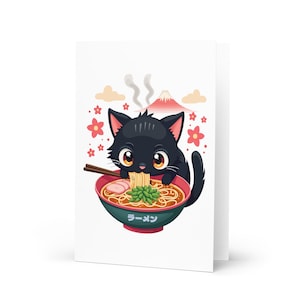 Cute Black Cat Eating Ramen - Japanese Food Raman Noodle Dish and Anime Cat Illustration - Greeting card