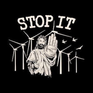 May include: Black graphic tee with the text "STOP IT" above an illustration of a figure with outstretched hand in front of wind turbines. The image is in black and white with a few birds in the background.