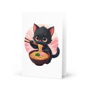 Cute Black Cat Eating Ramen - Japanese Food Raman Noodle Dish and Anime Cat Illustration - I love Ramen - Greeting card