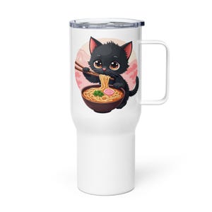 Cute Black Cat Eating Ramen - Japanese Food Raman Noodle Dish and Anime Cat Illustration - I love Ramen - Travel mug with a handle
