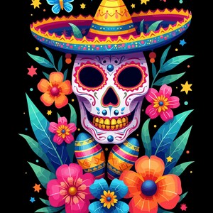 Lebendiger spanischer Erbenschädel mit Blumen und Sombrero - Lateinische Kulturfeier - Standardpostkarte