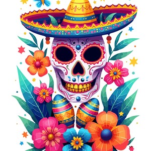 Lebendiger spanischer Erbenschädel mit Blumen und Sombrero - Lateinische Kulturfeier - Standardpostkarte