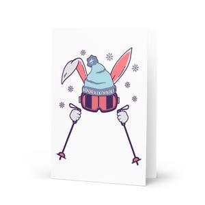 Cartão de felicitações engraçado de coelho da Páscoa para esquiar – Cartão fofo de coelho de inverno para a Páscoa, amantes de esqui, praticantes de snowboard, férias de primavera e fãs de montanha