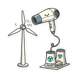 May include: A sticker illustration featuring a white wind turbine, a cream-colored hair dryer with a face, and a nuclear power plant with two cooling towers labeled NUCLEAR POWER, connected by a black cord, all on a white background.