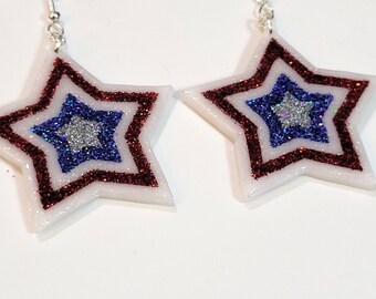 Handmade Patriotic Glitter Star Earrings, Red White Blue Resin Dangle USA Jewelry