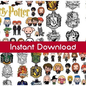 May include: A collection of Harry Potter-themed digital graphics. The image features cartoon illustrations of characters, house crests, and the Harry Potter logo. The text "Instant Download" is displayed on a red banner.