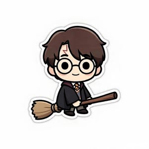 May include: A sticker featuring a cartoon illustration of a young wizard with brown hair, round glasses, and a lightning bolt scar. He wears a black robe and holds a broom. The sticker has a white border.