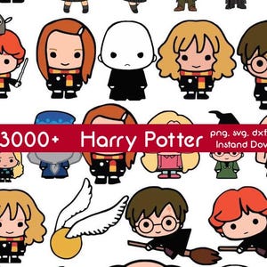 May include: A selection of cartoon illustrations of Harry Potter characters. The figures have large heads, black robes, and Gryffindor scarves. A red banner with white text reads "3000+ Harry Potter". The image also includes a golden snitch.